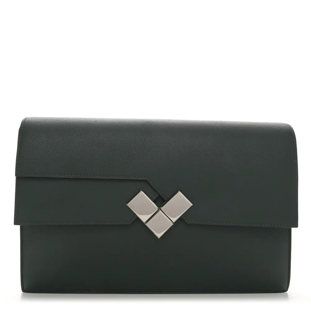Lushentic Hermès Fortunio Clutch Vert Anglais Evercolor Leather Palladium Hardware Front