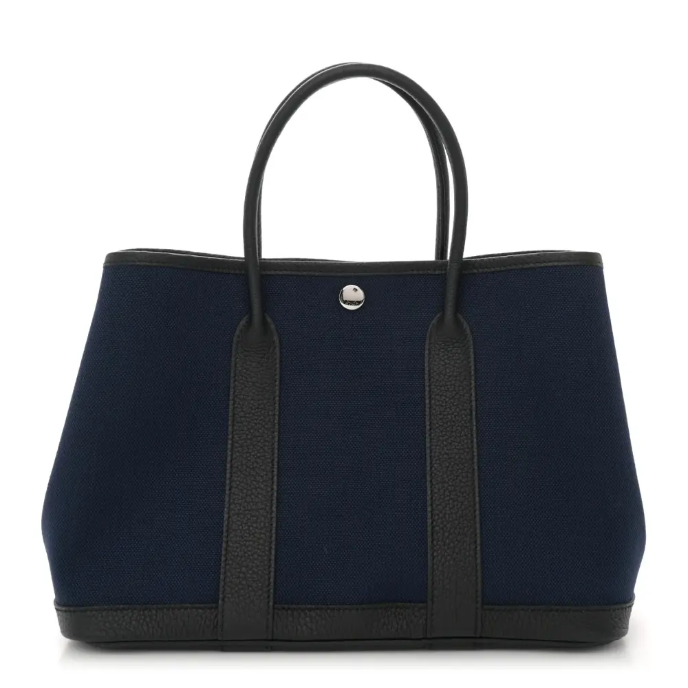 Lushentic Hermès Garden Party 30 TPM Bleu Marine Black Military Toile Negonda Leather Palladium Hardware Front
