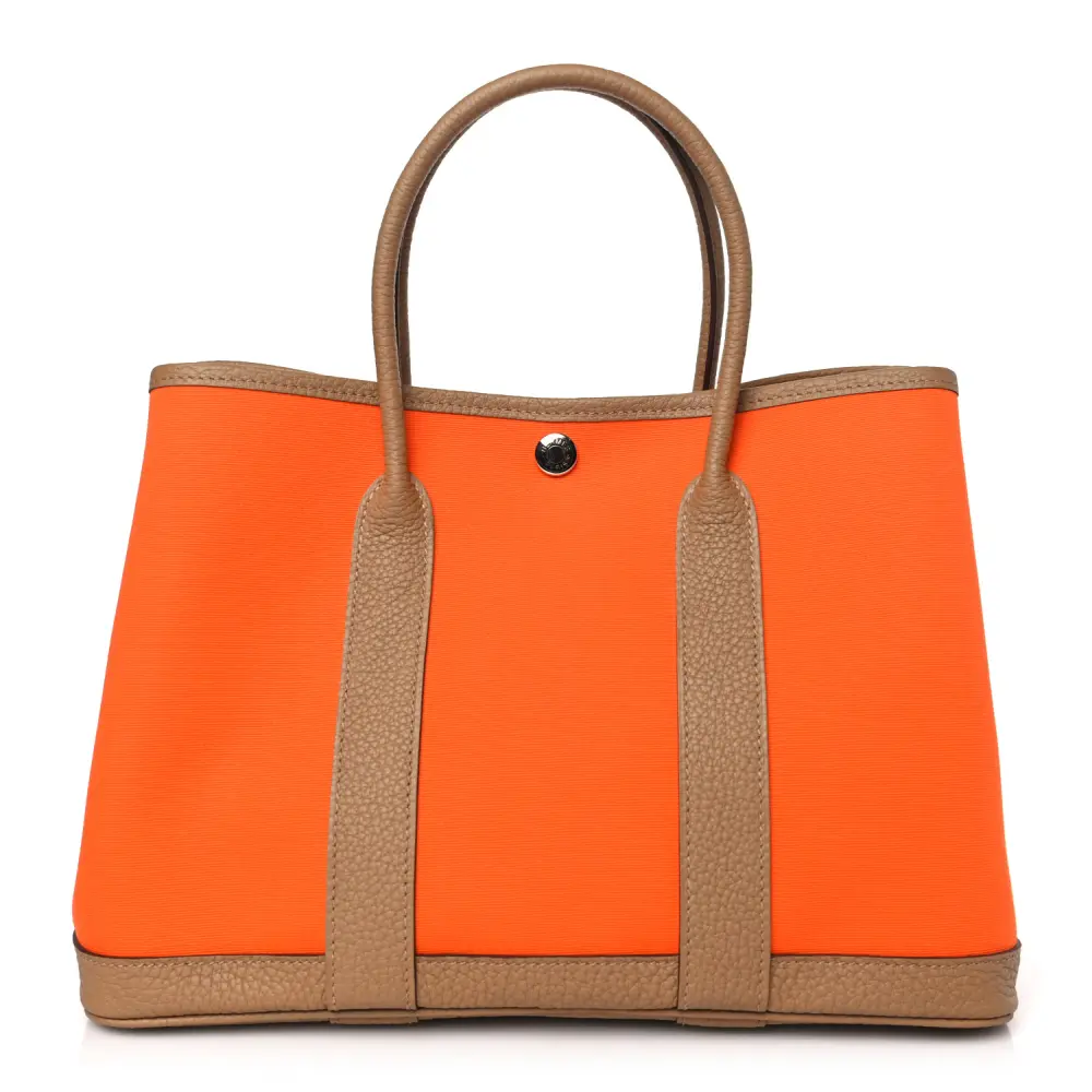 Lushentic Hermès Garden Party 36 MM OrangeChai Toile Militaire Canvas Vache Country Leather Front