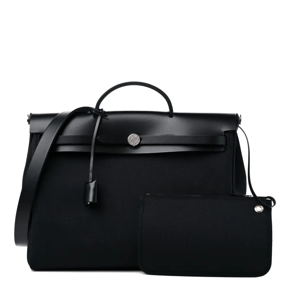 Lushentic Hermès Herbag Messenger 39 Black Military Toile Vache Hunter Leather Palladium Silver Hardware Front