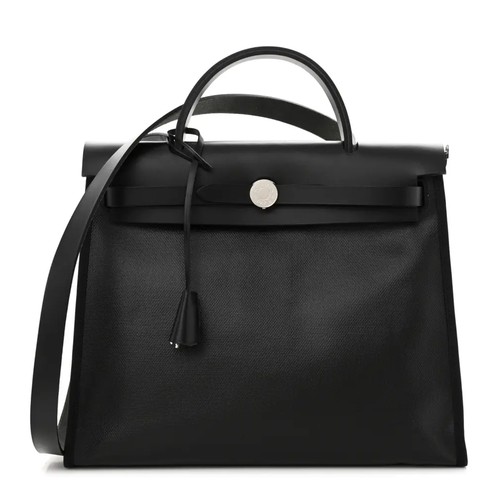 Lushentic Hermès Herbag Zip PM 31 BlackEcru Toile H Vache Hunter Leather Palladium Hardware Front