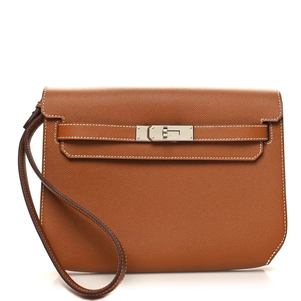 Lushentic Hermès Kelly Dépêches 25 Pouch Brown Epsom Leather Silver Hardware Front