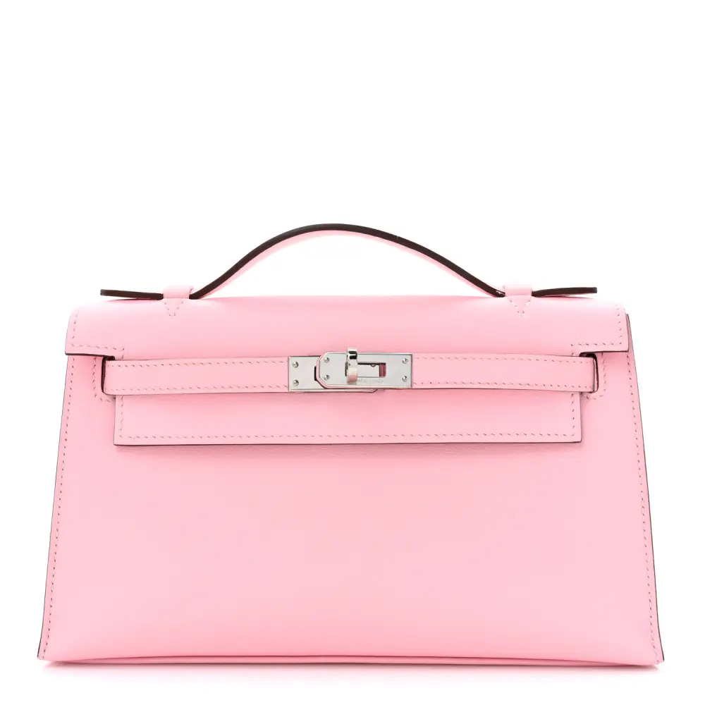 Lushentic Hermès Kelly Pochette Clutch Rose Sakura Swift Leather Silver Hardware Front