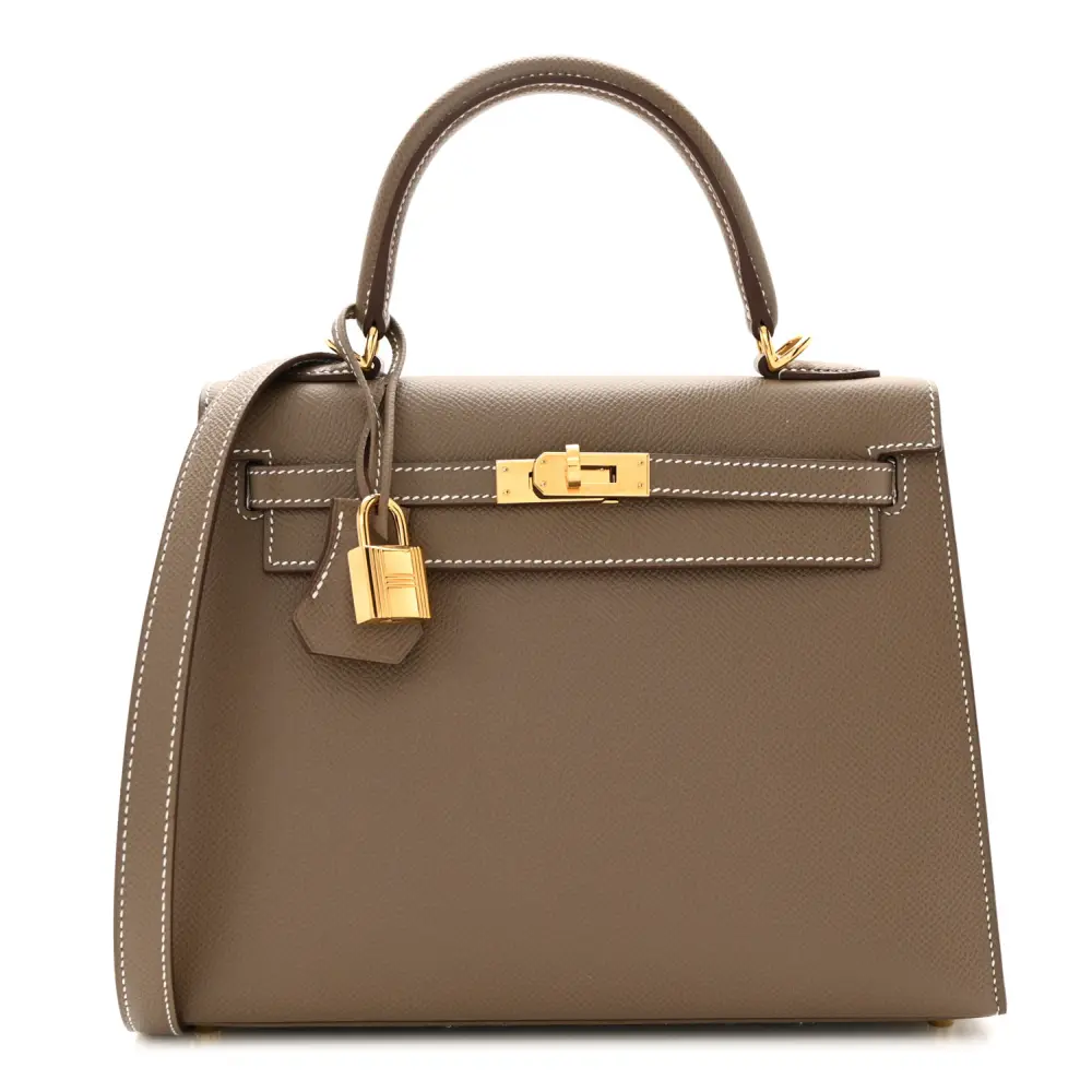 Lushentic Hermès Kelly Sellier 25 Etoupe Epsom Leather Gold Hardware Front
