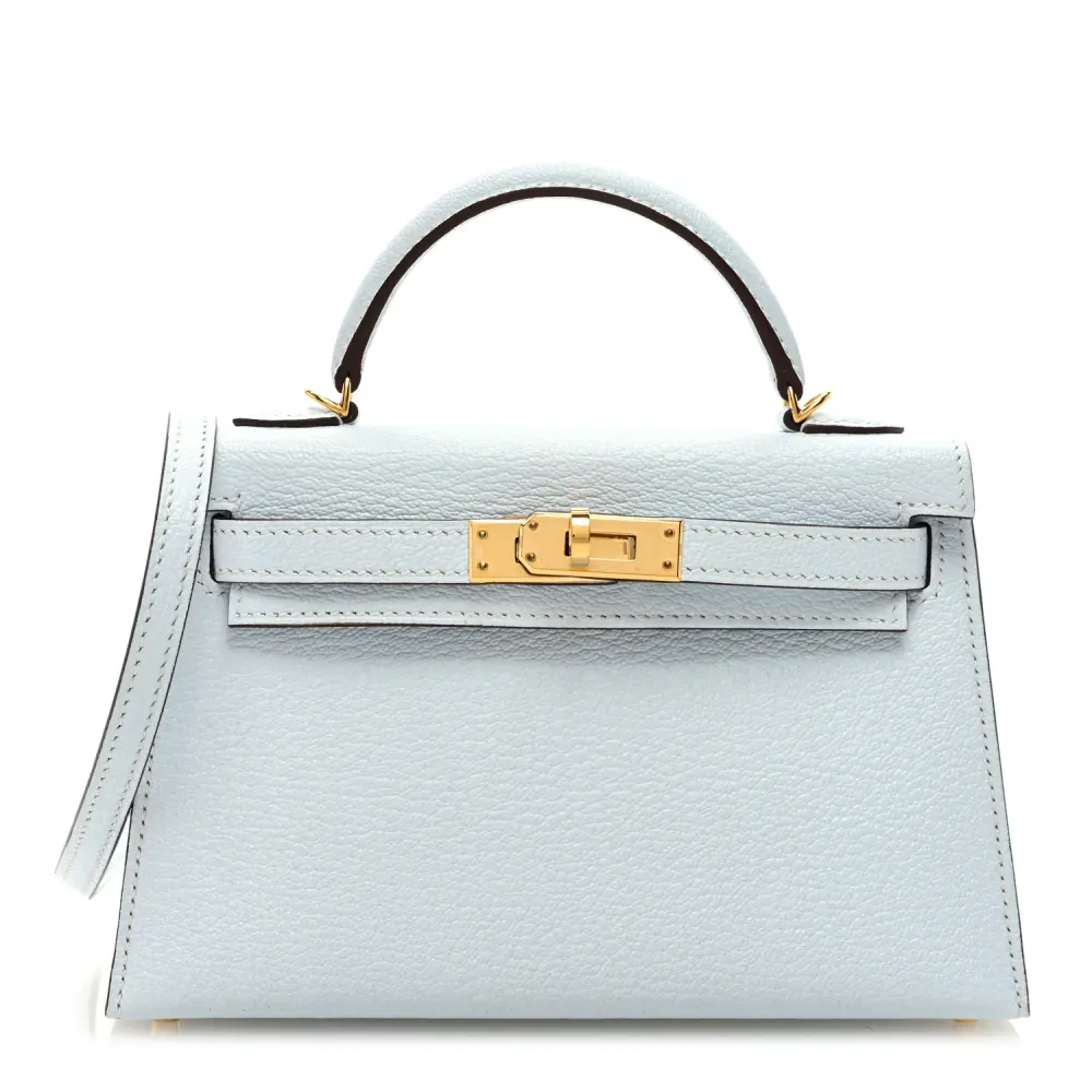 Lushentic Hermès Mini Kelly Sellier 20 Bleu Brume Chèvre Mysore Leather Permabrass Hardware Front