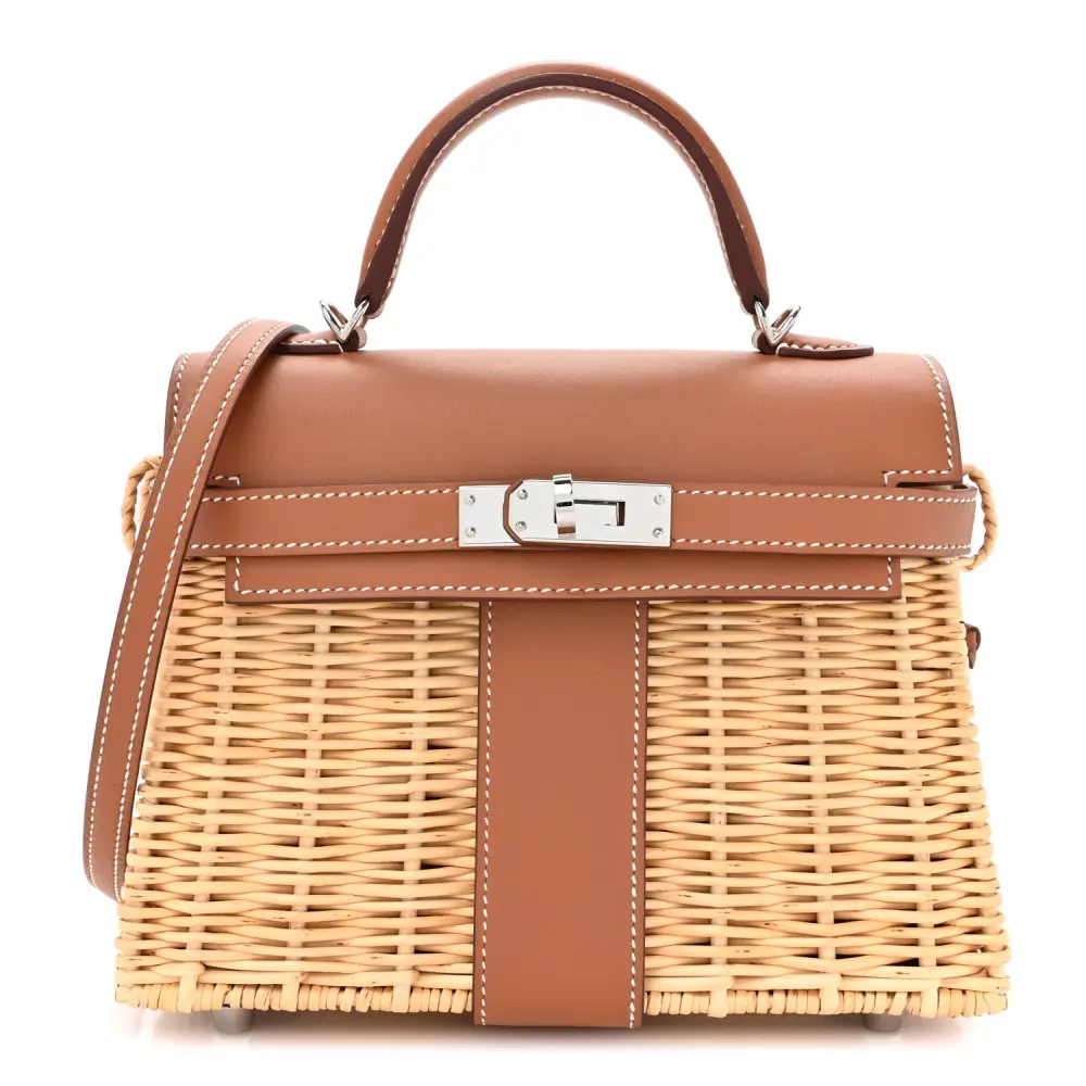 Lushentic Hermès Picnic Mini Kelly 20 NaturelBrown Wicker Swift Leather Palladium Silver Hardware Front