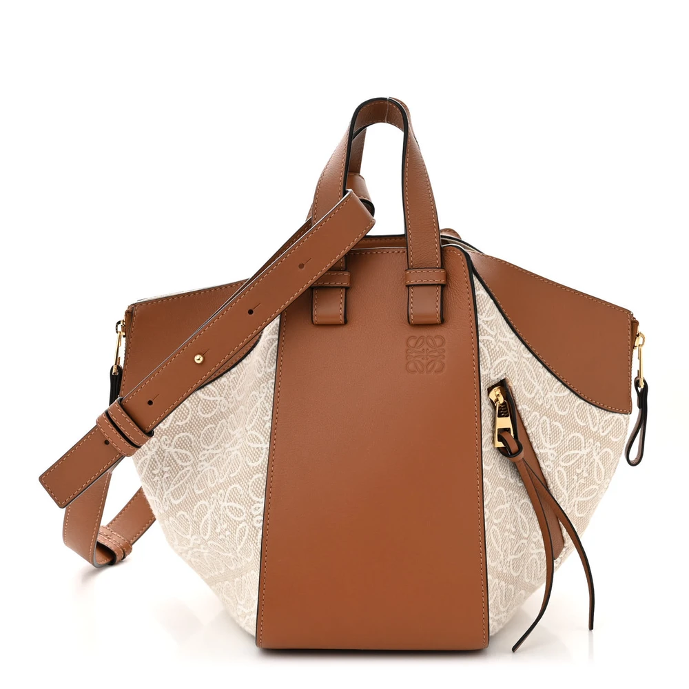 Lushentic Loewe Anagram Hammock Shoulder Bag Small EcruTan Calfskin Leather Canvas Gold Hardware Front
