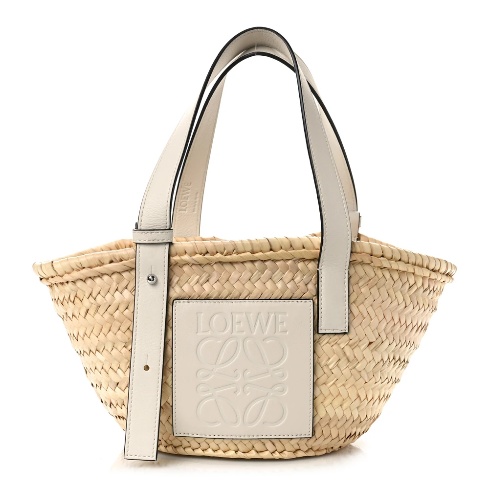 Lushentic Loewe Basket Tote Bag Small NaturalWhite Raffia Calfskin Leather Front
