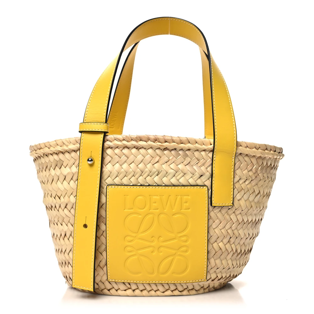 Lushentic Loewe Basket Tote Bag Small NaturalYellow Raffia Calfskin Leather Front