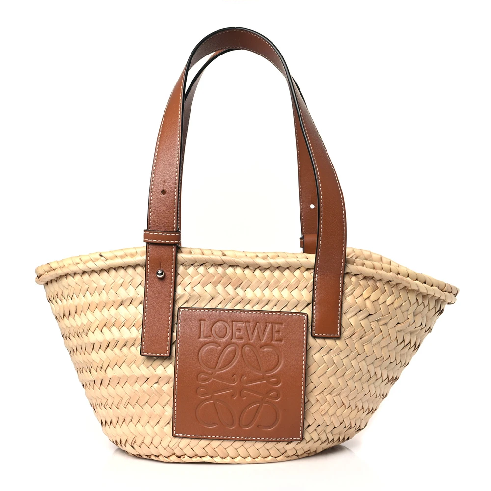 Lushentic Loewe Basket Tote Bag Small Raffia Calfskin Leather TanNatural Front