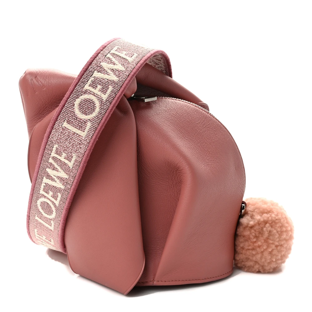 Lushentic Loewe Bunny Shoulder Bag Small Peach Bloom Calfskin Leather Shearling Silver Hardware Front
