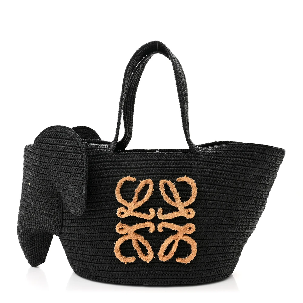 Lushentic Loewe Elephant Basket Tote Bag Medium Black Raffia Front