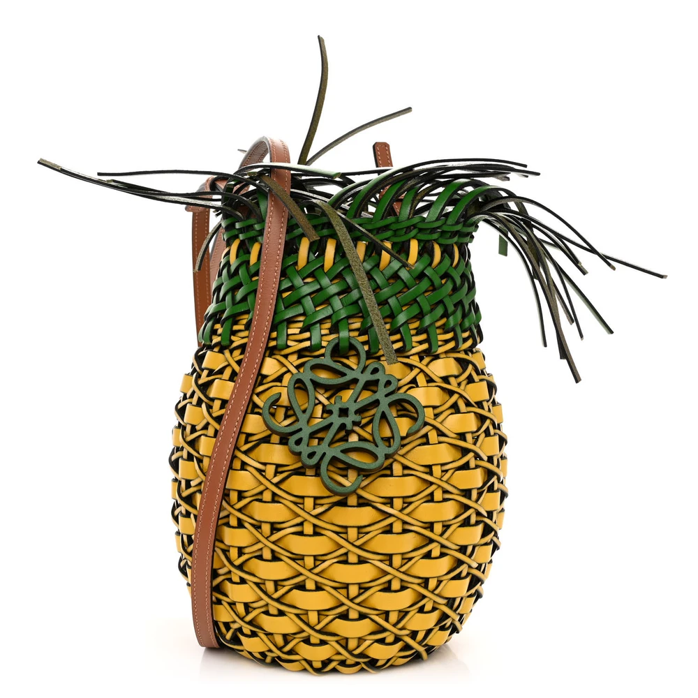 Lushentic Loewe Fringe Woven Pineapple Bucket Bag Medium YellowGreen Calfskin Leather Woven Fiber Front