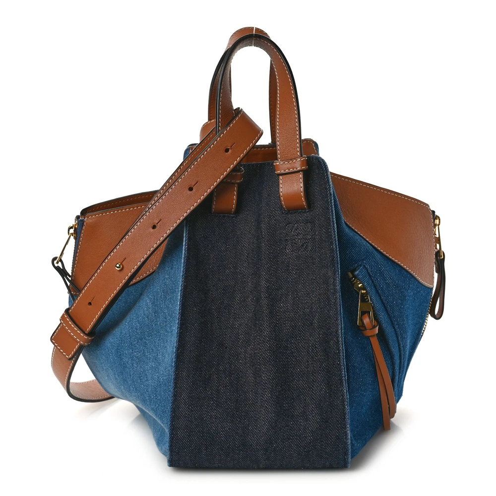 Lushentic Loewe Hammock Shoulder Bag Small BlueTan Calfskin Leather Denim Gold Hardware Front