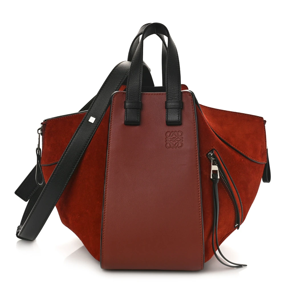 Lushentic Loewe Hammock Shoulder Bag Small Red Calfskin Leather Suede Silver Hardware Front