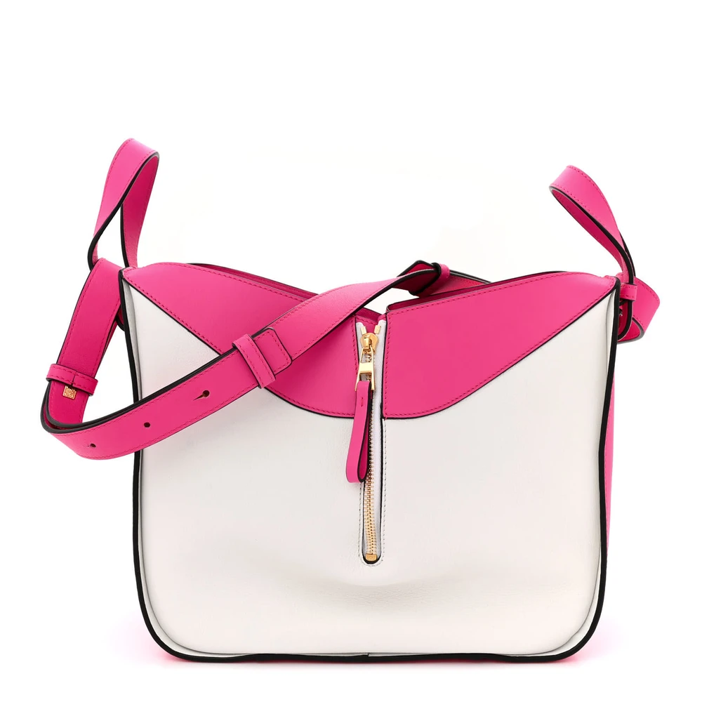 Lushentic Loewe Hammock Shoulder Bag Small Shocking PinkWhite Calfskin Leather Gold Hardware Front