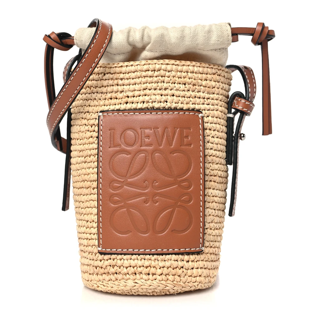Lushentic Loewe Paula_s Ibiza Bucket Bag Medium NaturalTan Calfskin Leather Raffia Front