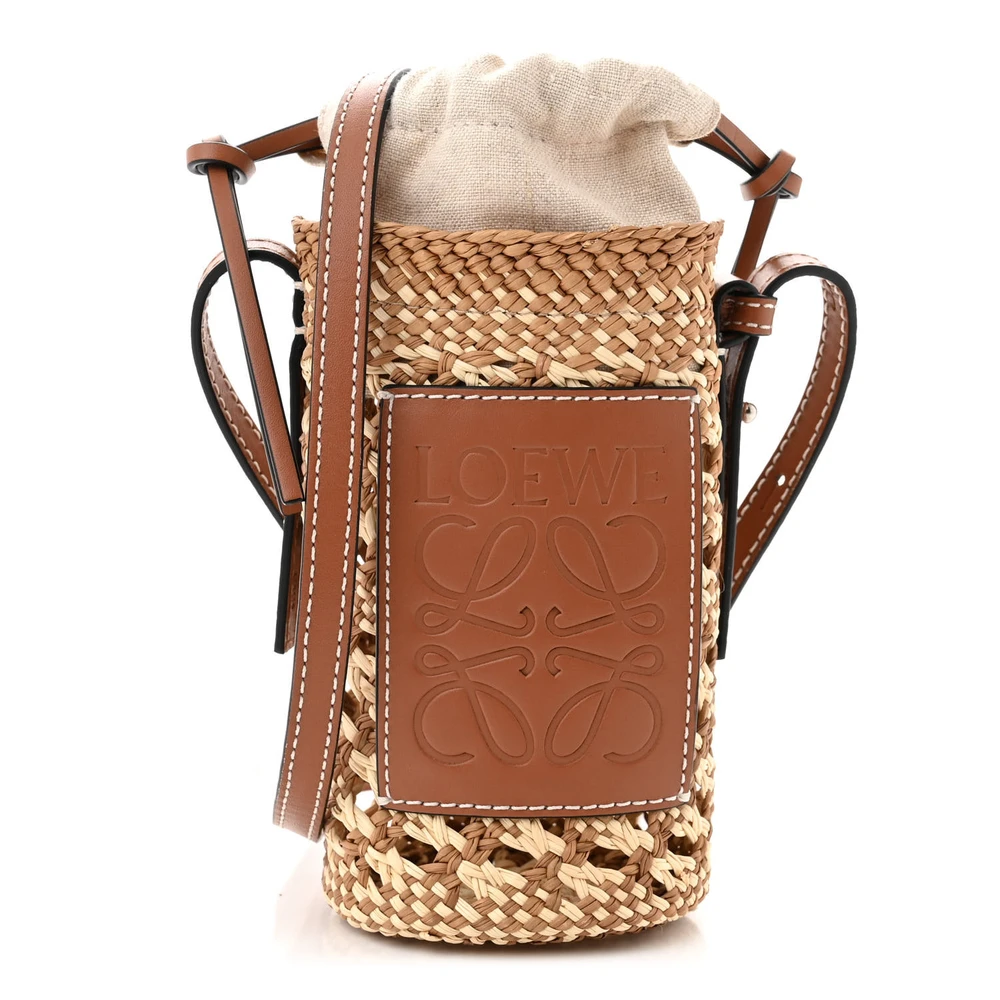 Lushentic Loewe Paula_s Ibiza Pocket Bucket Bag Medium NaturalTan Calfskin Leather Raffia Front