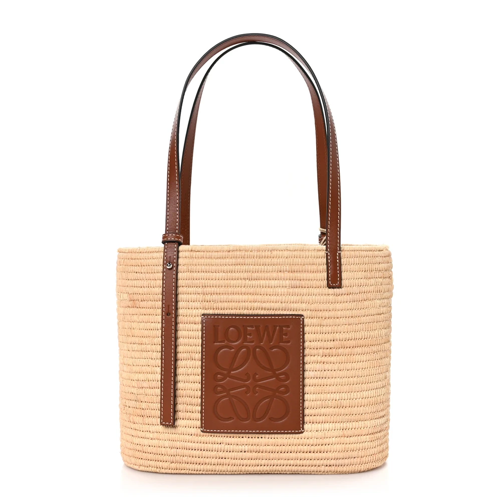 Lushentic Loewe Square Basket Tote Bag Small NaturalPecan Raffia Calfskin Leather Front