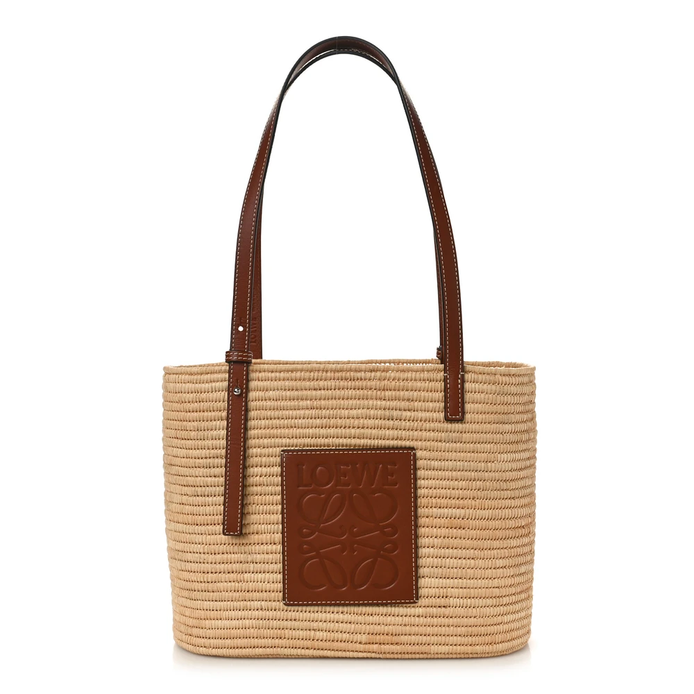 Lushentic Loewe Square Basket Tote Bag Small NaturalTan Raffia Calfskin Leather Front