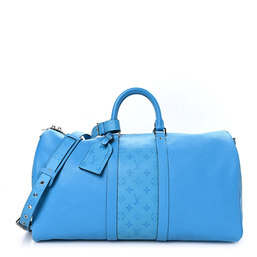 Lushentic Louis Vuitton Keepall Bandouliere 50 Blue Lagoon Taiga Leather Monogram Eclipse Canvas Silver Hardware Front