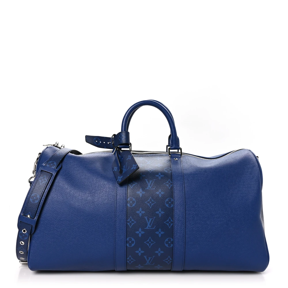 Lushentic Louis Vuitton Keepall Bandouliere 50 Pacific Blue Taiga Leather Monogram Eclipse Canvas Silver Hardware Front